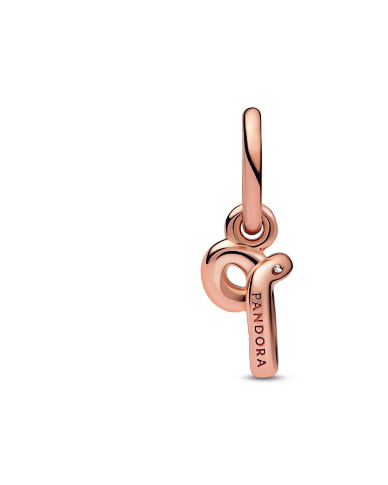 Front of a size O/S Letter P Script Alphabet Dangle Charm in Rose Gold in Rose Gold by Pandora. | dia_product_style_image_id:329637